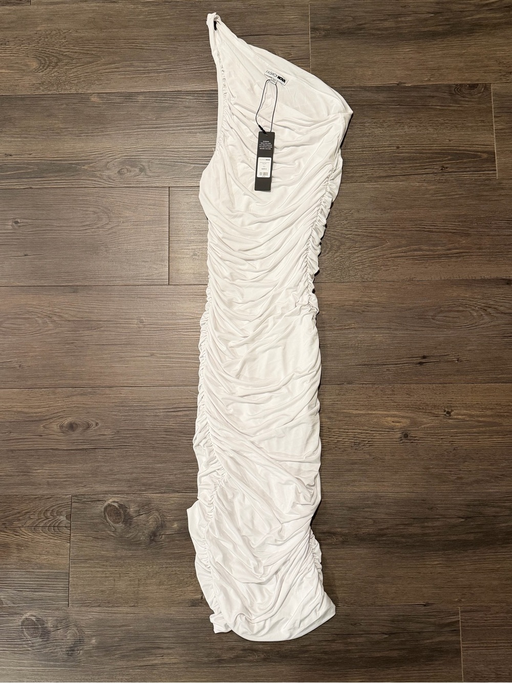 Fashion Nova White One-Shoulder Ruched Maxi Dress